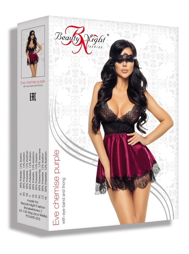 Beauty Night Lingerie chemise in raso viola con perizoma e mascherina Eve