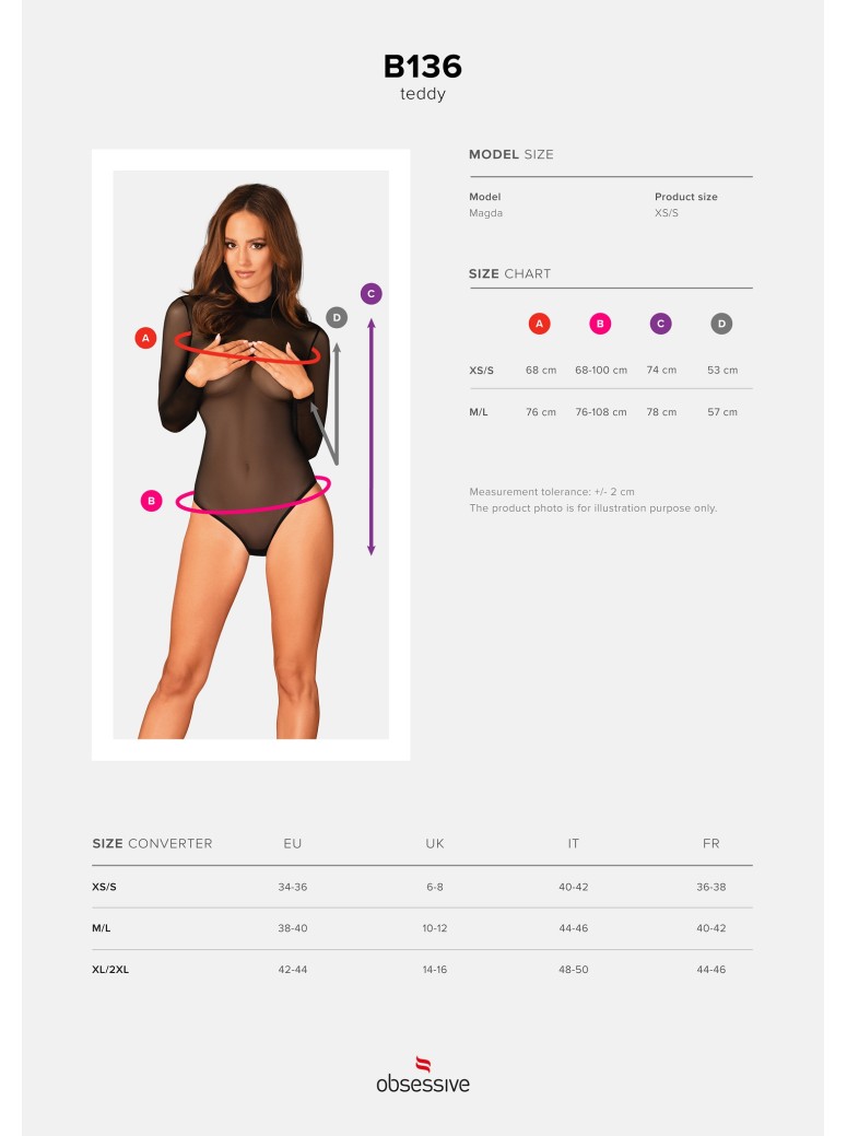 Obsessive Lingerie sexy body trasparente a maniche lunghe B136
