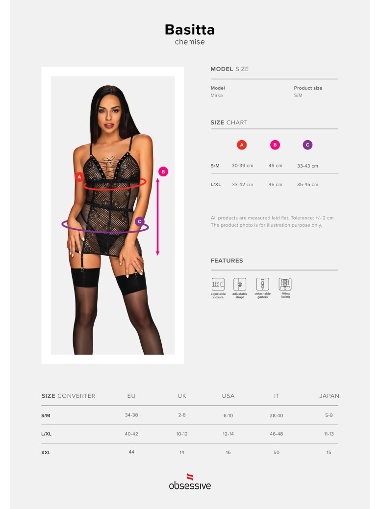Obsessive Lingerie sexy chemise con reggicalze in rete e pizzo Basitta