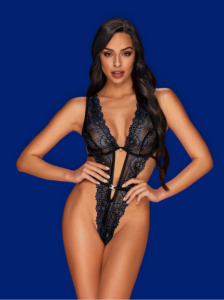 Obsessive Lingerie sexy body nero con pizzo blu Belisis
