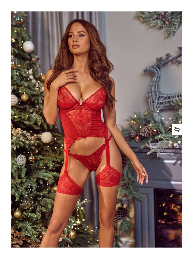 Obsessive Lingerie corsetto con giarrettiera e perizoma rosso Belovya