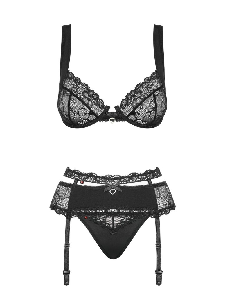 Obsessive Lingerie completo lingerie nera con reggicalze collezione Heartina