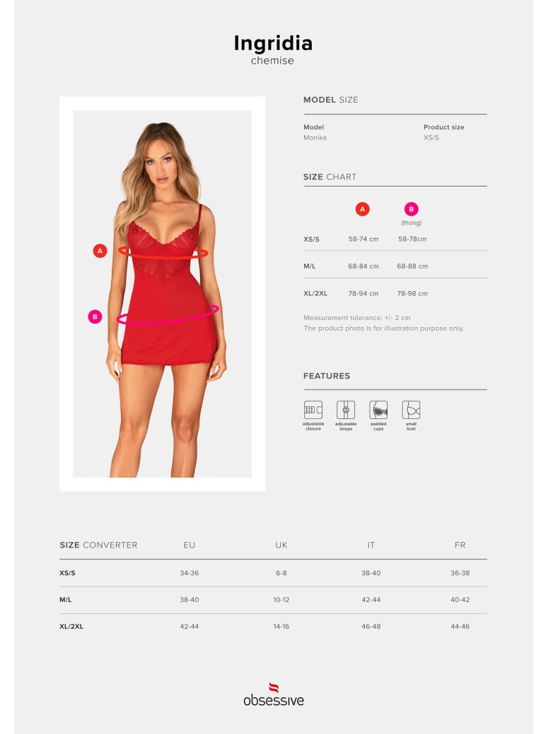 Obsessive Lingerie sexy chemise rossa con perizoma collezione Ingridia