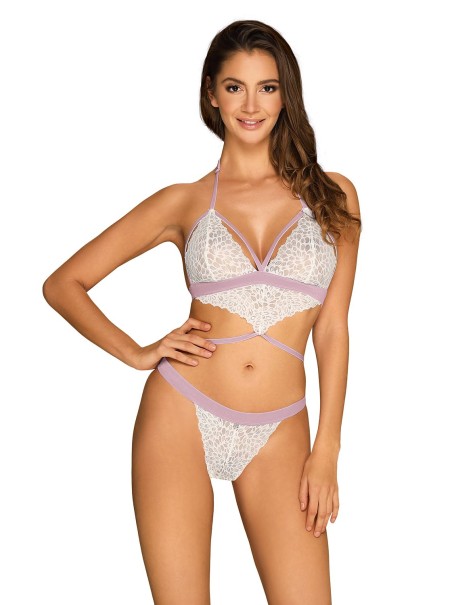 Obsessive Lingerie body in pizzo bianco con dettagli lilla Lilyanne