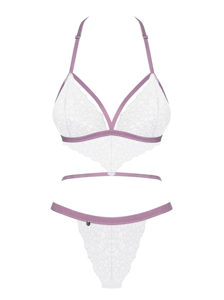 Obsessive Lingerie body in pizzo bianco con dettagli lilla Lilyanne