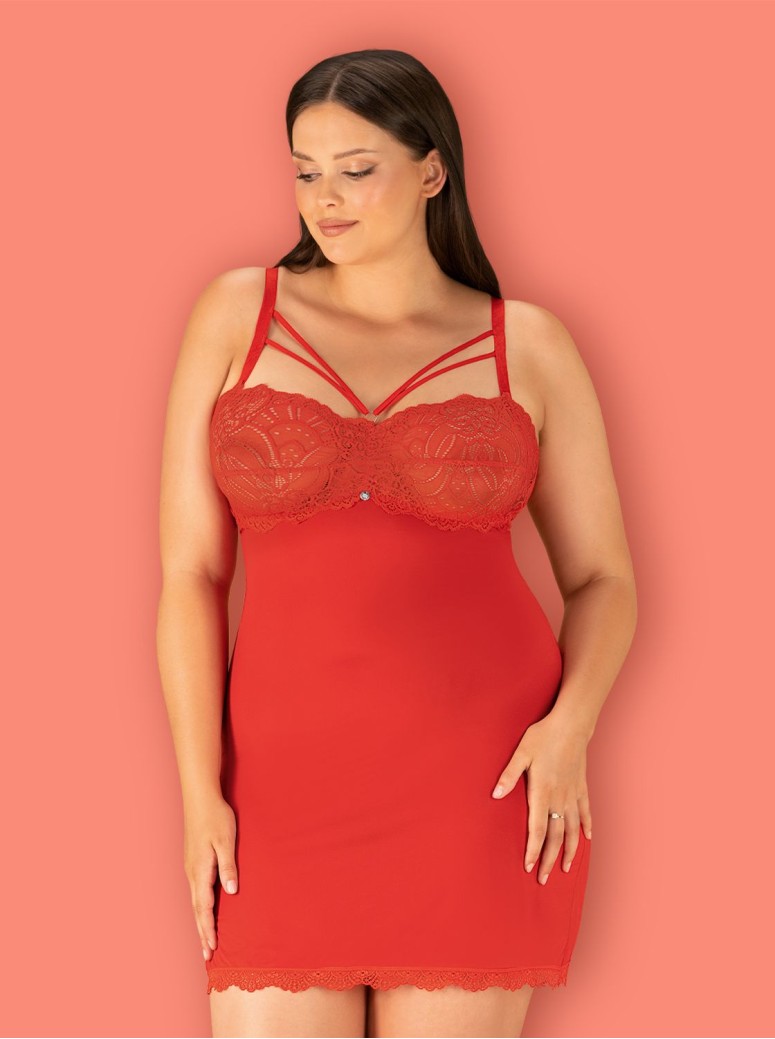 Obsessive Lingerie chemise rossa in morbido pizzo con perizoma Loventy