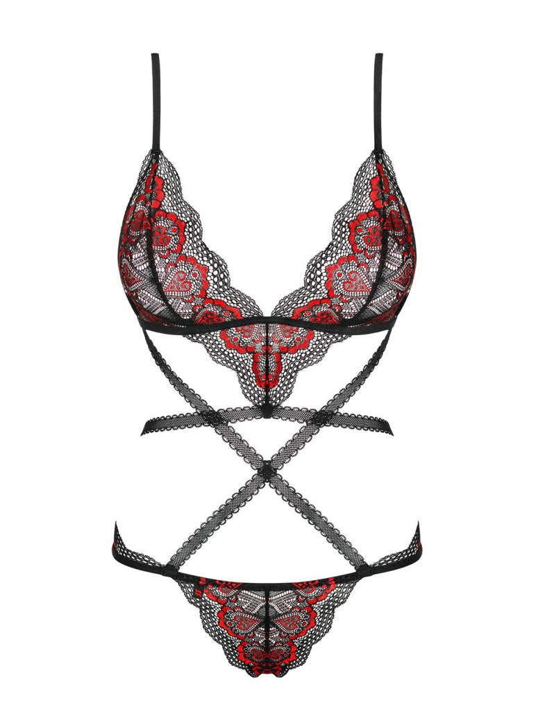 Obsessive Lingerie body in pizzo floreale nero e rosso Megies