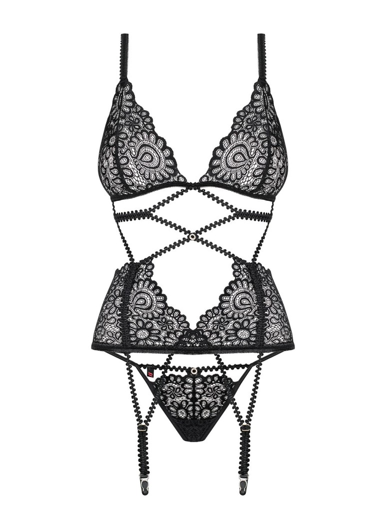 Obsessive Lingerie corsetto con perizoma in pizzo nero Mixty