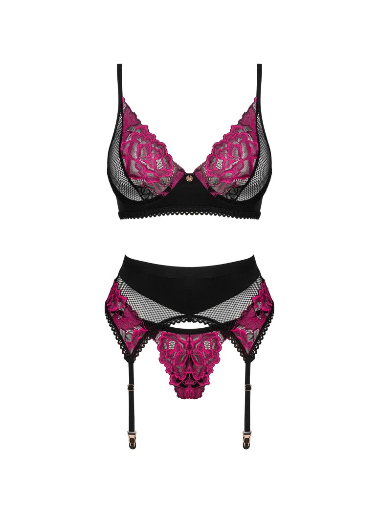 Obsessive Lingerie sexy completino tre pezzi con ricami rosa Rosenty