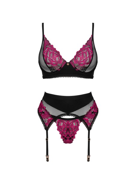 Obsessive Lingerie sexy completino tre pezzi con ricami rosa Rosenty