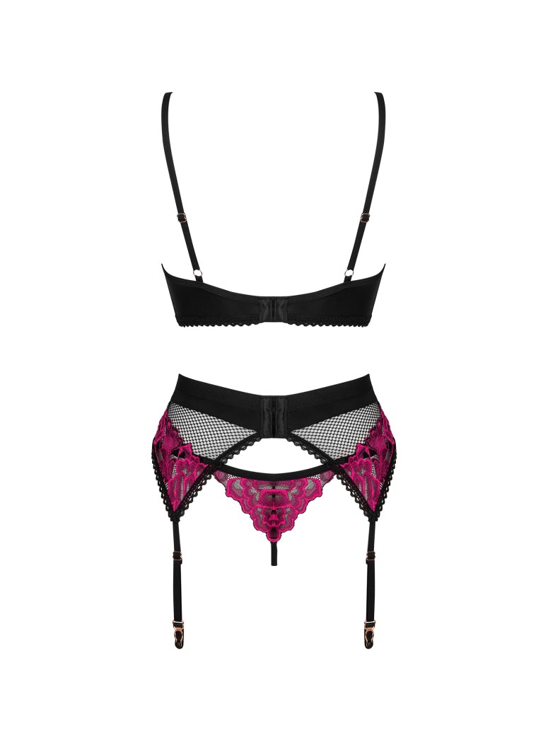 Obsessive Lingerie sexy completino tre pezzi con ricami rosa Rosenty