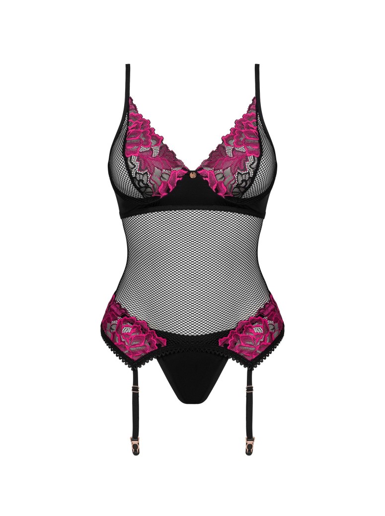 Obsessive Lingerie corsetto con ricami rosa e perizoma Rosenty
