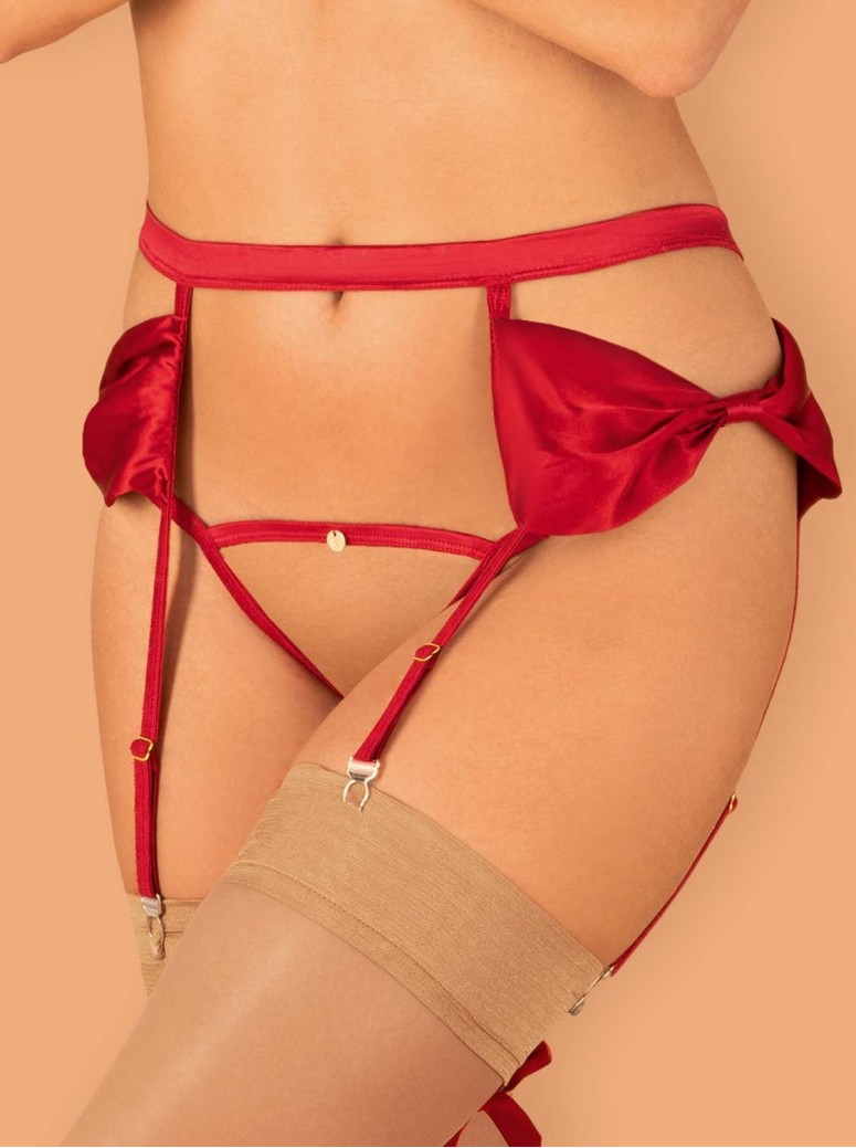 Obsessive Lingerie sexy reggicalze con perizoma in raso rosso Rubinesa