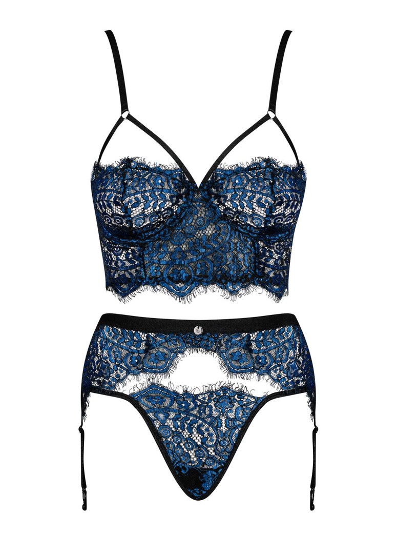 Obsessive Lingerie completino sexy con reggicalze in pizzo blu Yassmyne