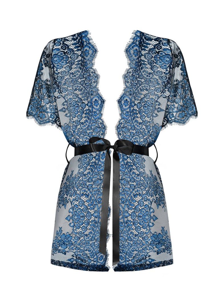 Obsessive Vestaglia sexy Yassmyne in pizzo blu ricamato a motivi floreali