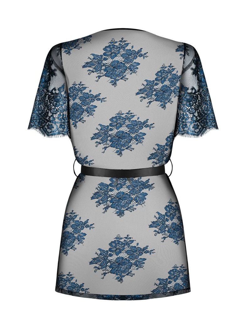 Obsessive Vestaglia sexy Yassmyne in pizzo blu ricamato a motivi floreali