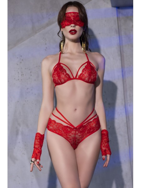 sexy set 4 pezzi in pizzo rosso floreale completo di mascherina e guanti
