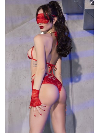 sexy set 4 pezzi in pizzo rosso floreale completo di mascherina e guanti 2