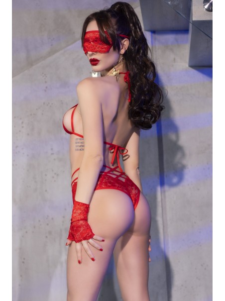 sexy set 4 pezzi in pizzo rosso floreale completo di mascherina e guanti