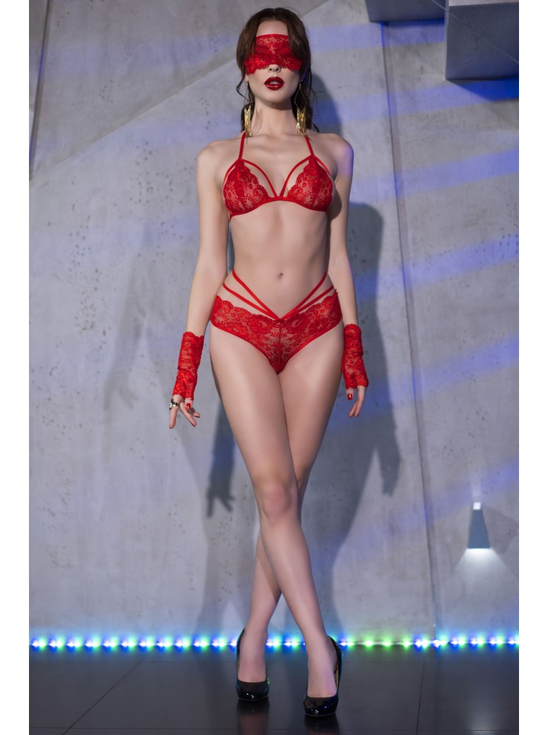 sexy set 4 pezzi in pizzo rosso floreale completo di mascherina e guanti