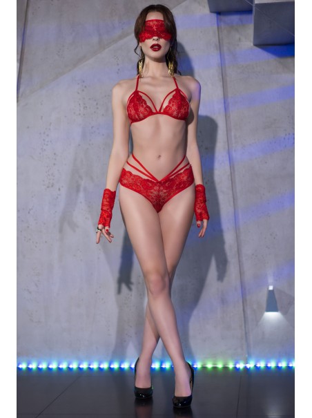sexy set 4 pezzi in pizzo rosso floreale completo di mascherina e guanti