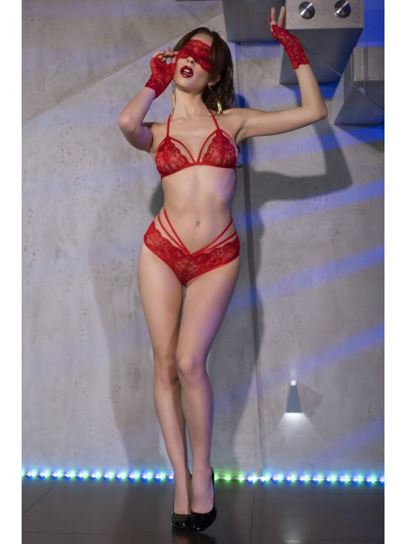 sexy set 4 pezzi in pizzo rosso floreale completo di mascherina e guanti