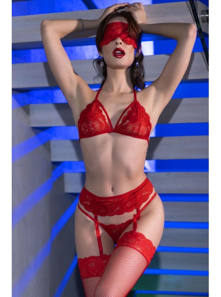 sensuale completino intimo in pizzo floreale rosso 5 pezzi
