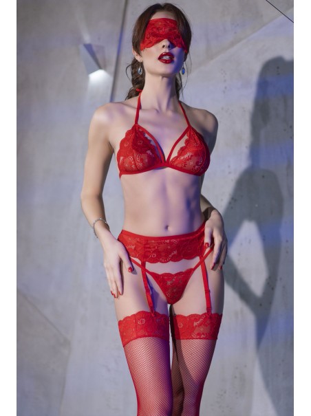 sensuale completino intimo in pizzo floreale rosso 5 pezzi