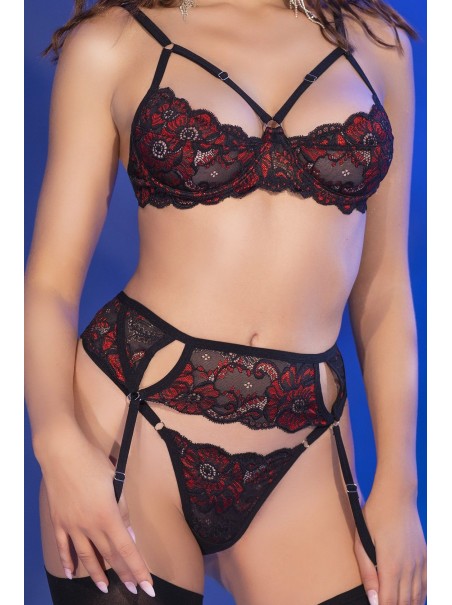 Chilirose set intimo rosso-nero completo di calze e reggicalze
