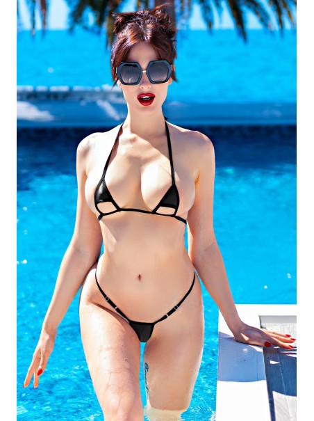 Chilirose sexy microbikini nero con stringhe regolabili