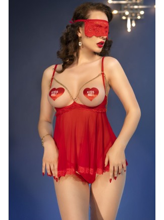 Chilirose Set rosso Babydoll con coppe scoperte e accessori inclusi