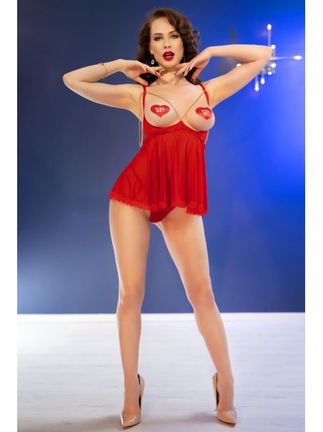 Chilirose Set rosso Babydoll con coppe scoperte e accessori inclusi