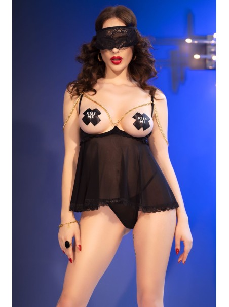 Chilirose Set nero Babydoll con coppe scoperte e accessori inclusi