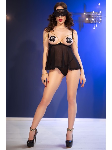 Chilirose Set nero Babydoll con coppe scoperte e accessori inclusi