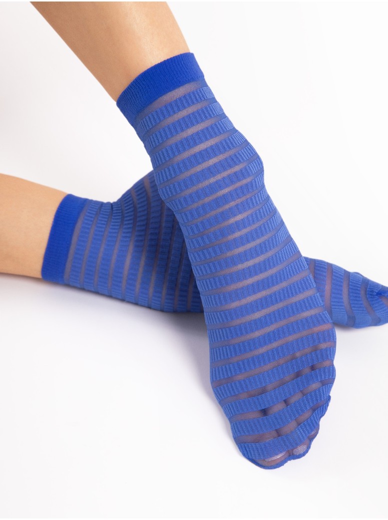 Fiore calzini 20 den a righe orizzontali in nero, bianco e cobalto