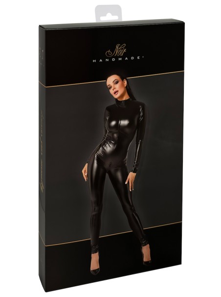 Catsuit nera aderente in tessuto ecopelle wetlook Noir Handmade
