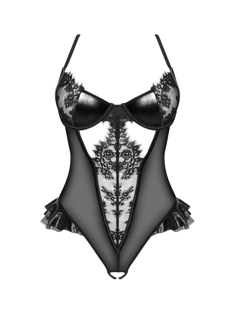 Beauty Night body aperto in pizzo tulle e ecopelle wetlook Rafaella