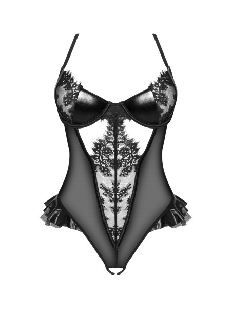 Beauty Night body aperto in pizzo tulle e ecopelle wetlook Rafaella