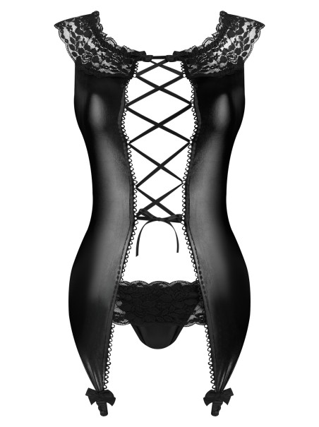 Beauty Night Completo Raven guepiere tessuto nero lucido e mutandine Beauty Night Completo Raven guepiere tessuto nero lucido e mutandine
