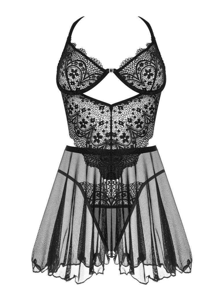 Beauty Night Chemise Dark Mirage in tulle e pizzo con perizoma