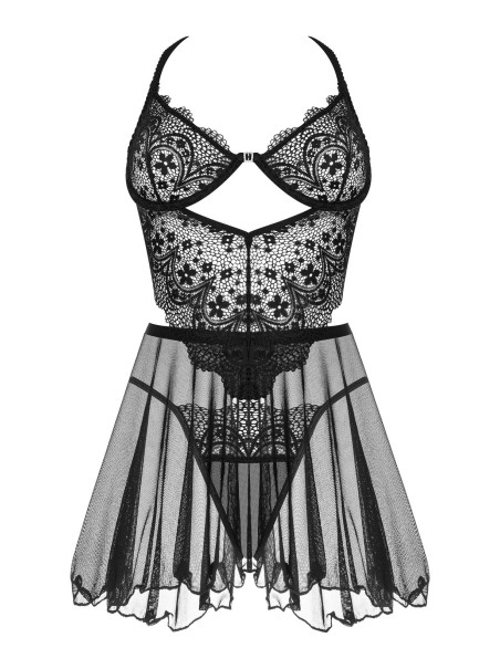 Beauty Night Chemise Dark Mirage in tulle e pizzo con perizoma