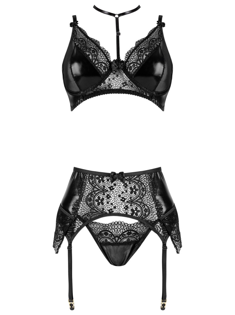Beauty Night Set Noir Fantasy con reggicalze in wetlook pizzo e tulle