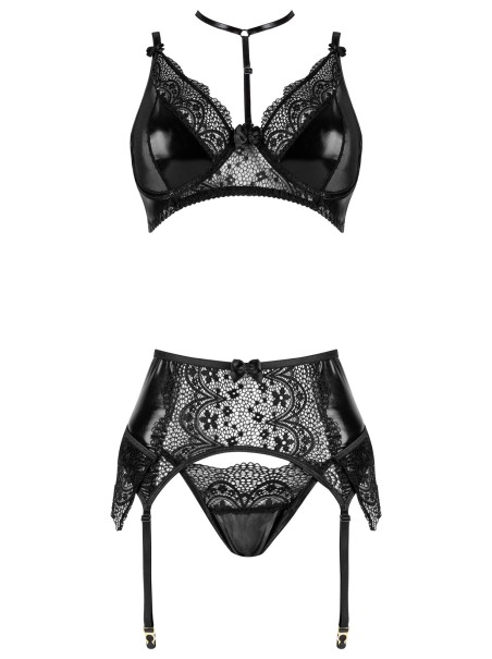 Beauty Night Set Noir Fantasy con reggicalze in wetlook pizzo e tulle