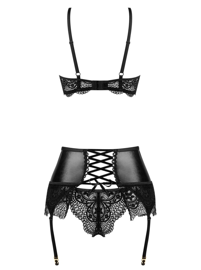 Beauty Night Set Noir Fantasy con reggicalze in wetlook pizzo e tulle