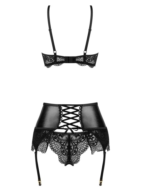 Beauty Night Set Noir Fantasy con reggicalze in wetlook pizzo e tulle
