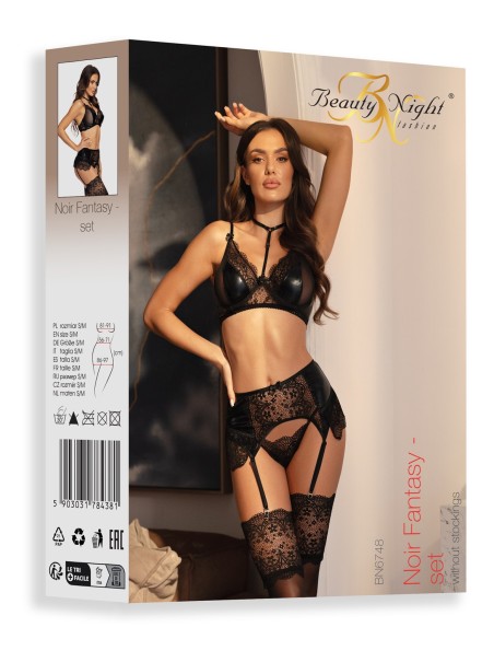 Beauty Night Set Noir Fantasy con reggicalze in wetlook pizzo e tulle