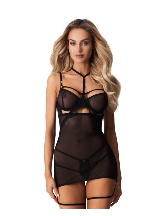 Obsessive Chemise nera Arrowel con choker e giarrettiere