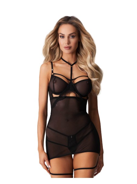 Obsessive Chemise nera Arrowel con choker e giarrettiere Obsessive Chemise nera Arrowel con choker e giarrettiere