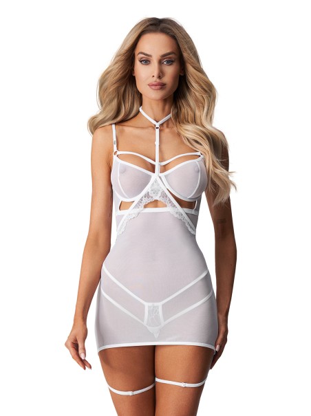 Obsessive Chemise bianca Arrowel con choker e giarrettiere
