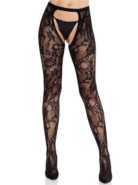 Leg Avenue Collant aperto in pizzo nero decorato con dettagli floreali